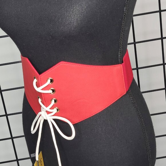 Women's LCF Steampunk Red and White Lace-up Elastic Waistband Corset Belt - Picture 11 of 17